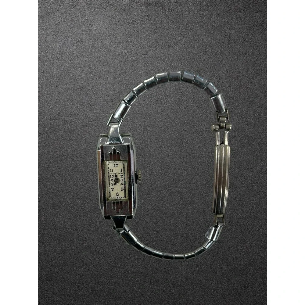 Vintage Bulova Rectangular Silver Watch Bracelet Untested For Parts Repair